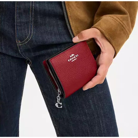 Coach Snap Wallet In Pebbled Leather/Silver/Dark Cardinal CBO77 NWT - Picture 5 of 5